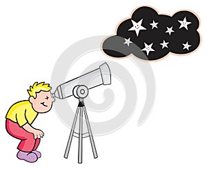 Cartoon boy kid looking through telescope