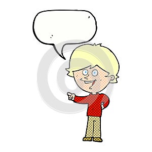 cartoon boy laughing and pointing with speech bubble