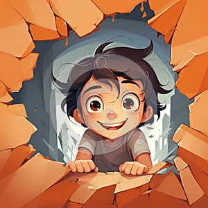 Cartoon boy looking out of a hole in the broken brick wall. Generative AI