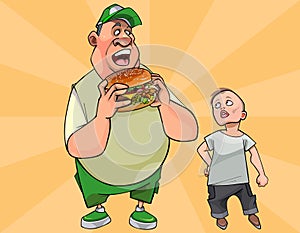 Cartoon fat man eating a big burger