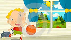 Cartoon boy is playing basketball