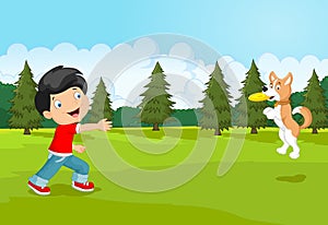 Cartoon boy playing Frisbee with his dog