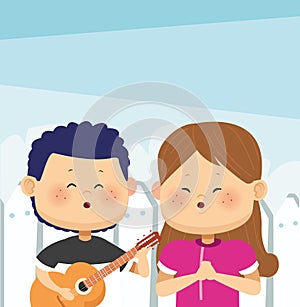 Cartoon boy playing guitar and singing a girl, colorful design