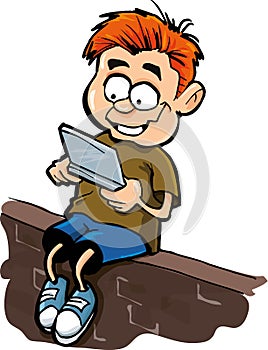 Cartoon of boy playing a hand held computer gamer