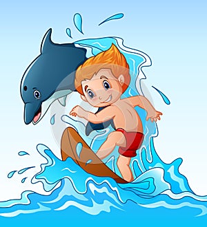 Cartoon boy playing surfboard with a dolphin animal