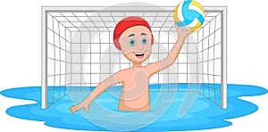 Cartoon boy playing water polo as a goalkeeper