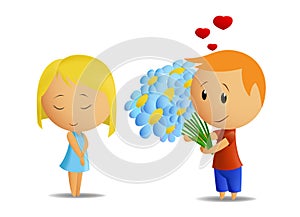 Cartoon boy present flowers to girl