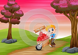 Cartoon boy pushing a pile of hearts in wood trolley on a road