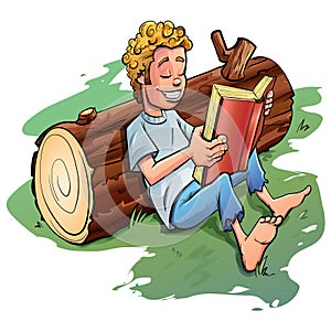 Cartoon boy reading a book. He is leaning on a log outside