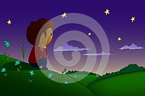 Cartoon boy rested in night field and hill