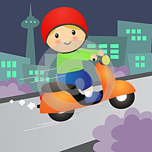 Cartoon Boy ride Motorcycle Scooter. Vector Illustration.