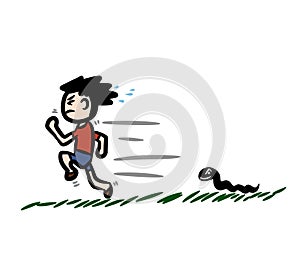 Cartoon the boy run away from the snake.