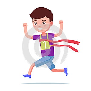 Cartoon boy running and winning a marathon