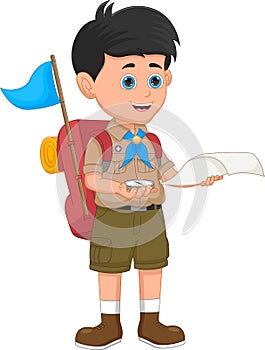 Cartoon boy scout holding map and compass