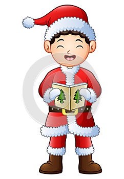 Cartoon boy singing christmas carols isolated on white background