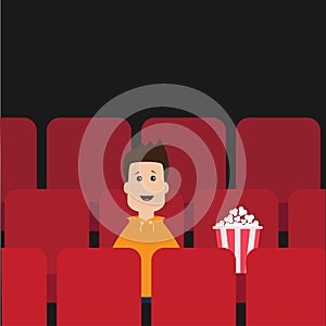 Cartoon boy sitting in movie theater. Film show Cinema background. Viewer watching movie. Popcorn box on red seat. Flat design