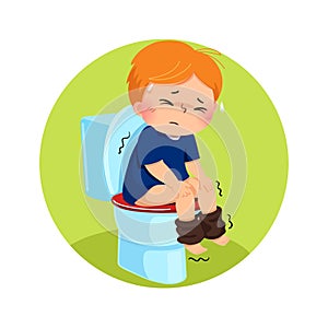 Cartoon boy sitting on the toilet and suffering from diarrhea or constipation. Health Problems concept