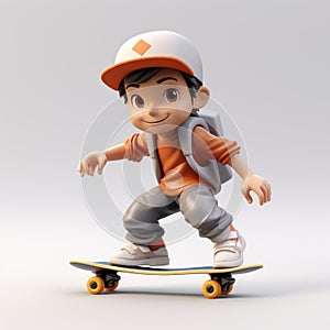 Cartoon Boy Skateboarding On Gray Background - Vray Style