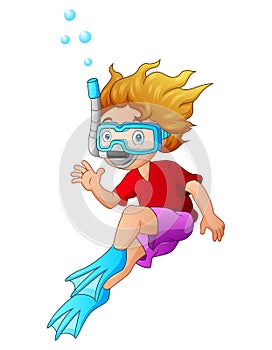 Cartoon a boy with snorkeling gear on white background