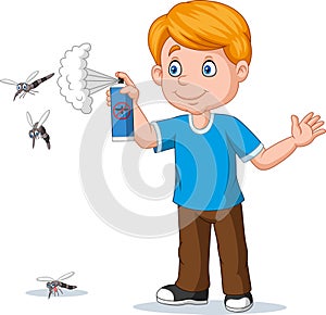 Cartoon boy spraying insect killer to mosquitoes