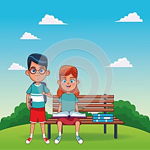 Cartoon boy standing nex to a girl reading a book sitting on a bench, colorful design