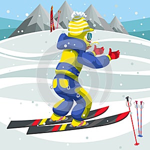Cartoon boy in suit learning to ski on holiday