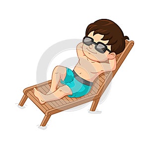 Cartoon boy sunbathing on the sun chair