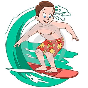Cartoon boy surfing on waves