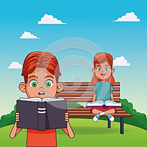 Cartoon boy surprised reading a book and girl sitting on a bench