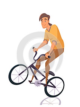 Cartoon boy teenager doing stunts on bike isolated