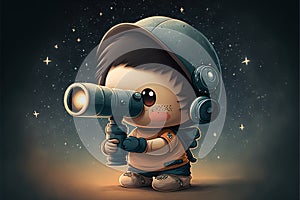 a cartoon boy with a telescope looking through the lens of a telescope at the stars in the sky behind him is a star filled sky