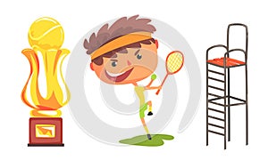 Cartoon boy tennis player with a racket. Vector illustration.