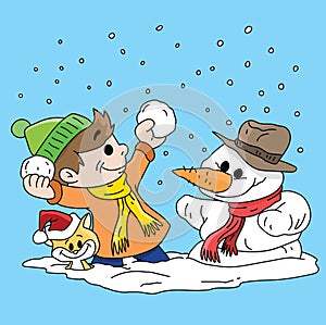 Cartoon boy together with his cat and a snowman playing snowball and have fun vector illustration