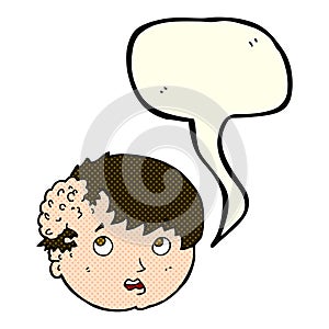 cartoon boy with ugly growth on head with speech bubble