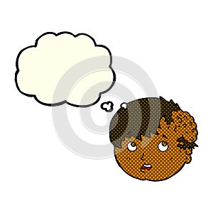 cartoon boy with ugly growth on head with thought bubble