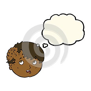 cartoon boy with ugly growth on head with thought bubble