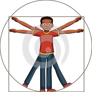 Cartoon boy in Vitruvian man pose.