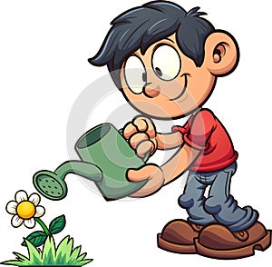 Cartoon boy watering a flower