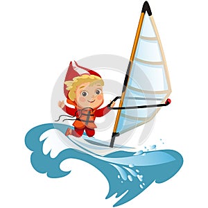 Cartoon boy waving hello and sailing in sea