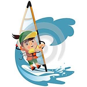 Cartoon boy waving hello and sailing in sea