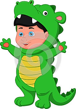 Cartoon boy wearing crocodile costume and waving