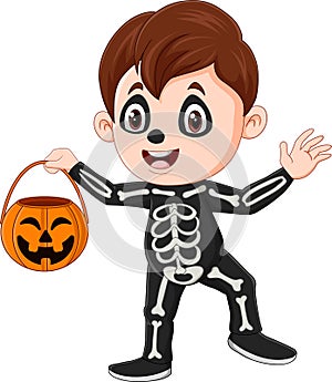 Cartoon boy wearing halloween skeleton costume holding pumpkin basket