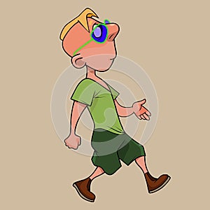 Cartoon boy wearing sunglasses walking looking up