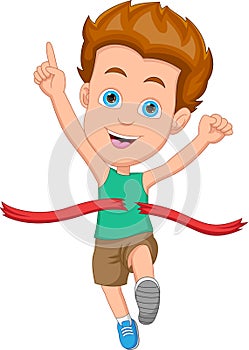 Cartoon boy winning first place in running race competition