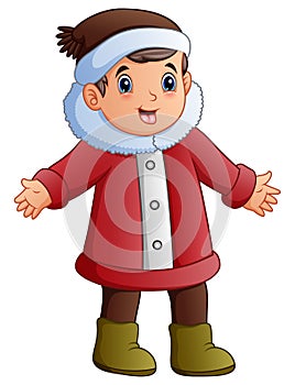 Cartoon boy in winter clothes singing christmas carols