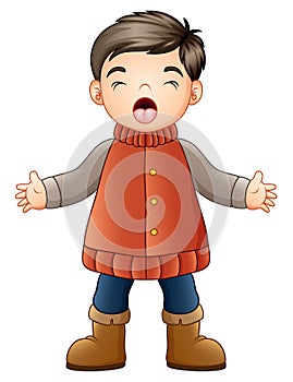 Cartoon boy in winter clothes singing