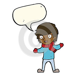 cartoon boy in winter clothes with speech bubble