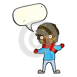 cartoon boy in winter clothes with speech bubble