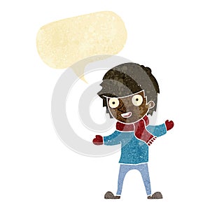 cartoon boy in winter clothes with speech bubble