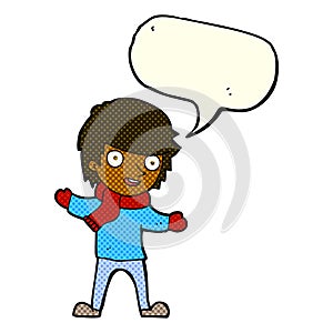 cartoon boy in winter clothes with speech bubble